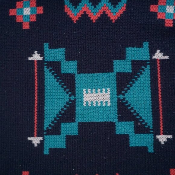 Vintage '80s B.E-Z Navy Teal Aztec Biggie Cosby Chunky Knit Crewneck Sweater L - Picture 6 of 9